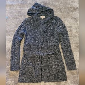 St. Johns Bay Long Black/Grey Cable Knit Button-up Cardigan w/ Pockets and Hood